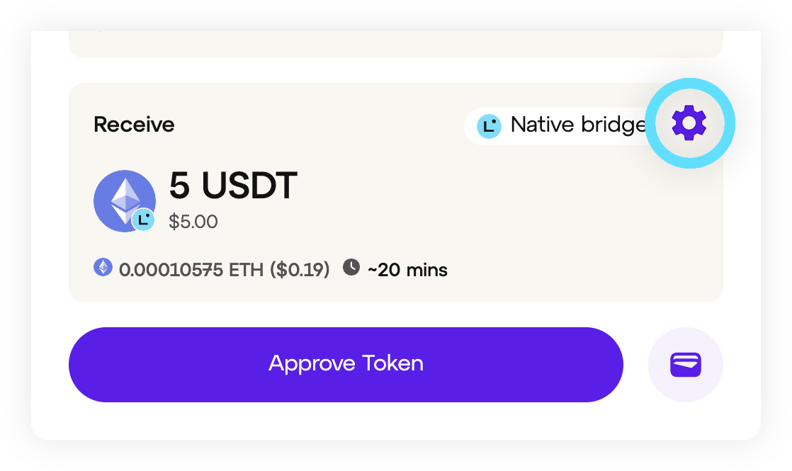 Receive panel with gear icon