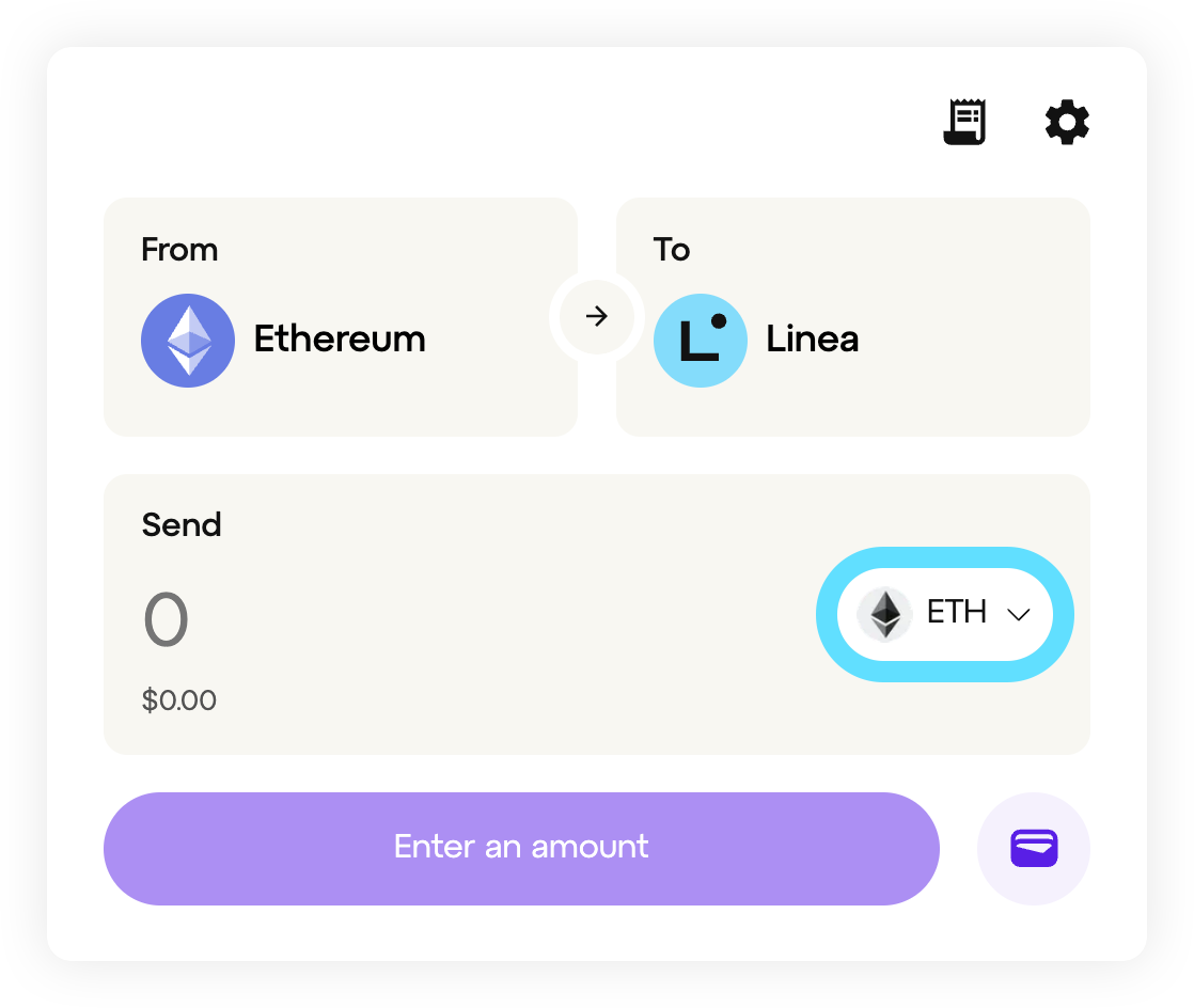 Linea native bridge select token button